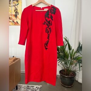 Georges Rech Paris Red Wool Dress with Leather Accent
